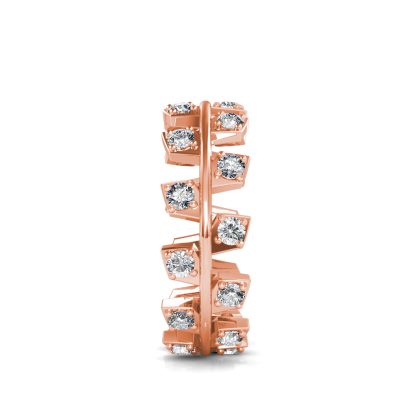 Side view of rose gold staggered square bezel diamond band showing the band depth and setting