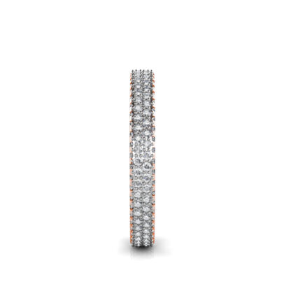 Side view of rose gold triple row pave diamond eternity band showing the band depth and setting