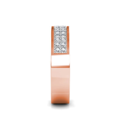 Side view of rose gold wide two-row pave diamond slotted band showing the band depth and setting