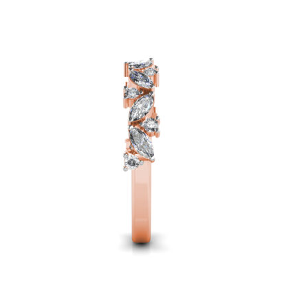 Side view of rose gold marquise diamond leaf vine band showing the band depth and setting