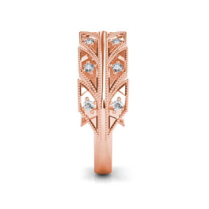 Side view of rose gold milgrain leaf pattern diamond band showing the band depth and setting