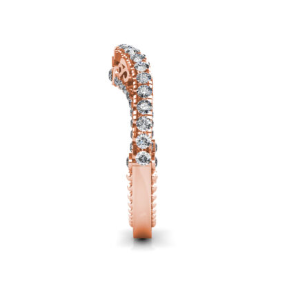 Side view of rose gold curved pave diamond contour wedding band showing the band depth and setting