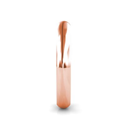 Side view of rose gold polished domed wedding band showing the band depth and setting