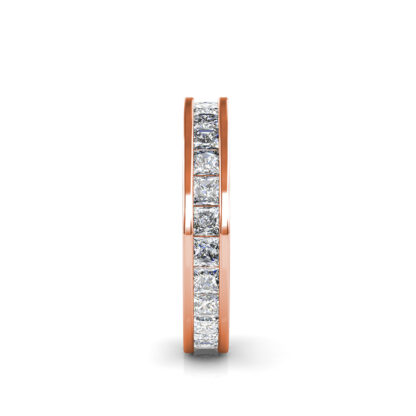 Side view of rose gold princess cut channel-set eternity ring showing the band depth and setting