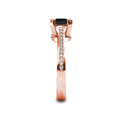 Side view of rose gold black diamond solitaire ring with pave shoulders showing the band depth and setting