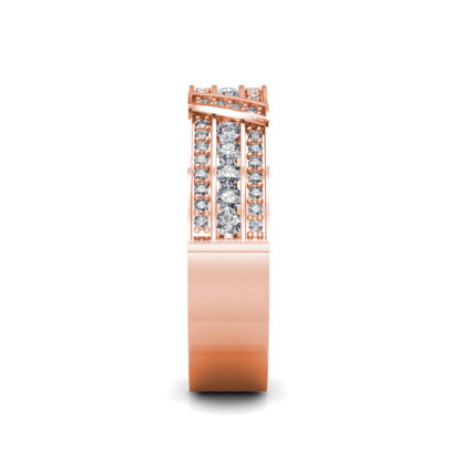 Side view of rose gold wide channel and pave diamond band showing the band depth and stone setting