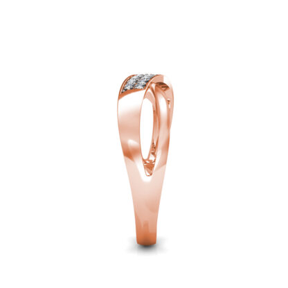 Side view of rose gold pave diamond crossover wedding ring showing the band depth and stone setting