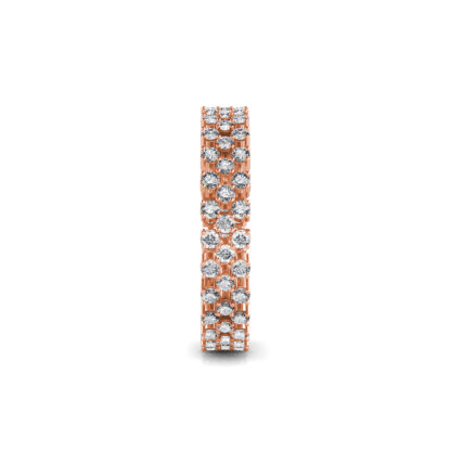 Side view of rose gold double row staggered diamond eternity band showing the band depth and stone setting