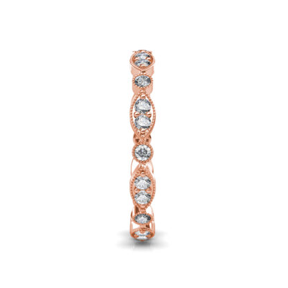 Side view of rose gold milgrain marquise station diamond eternity band showing the band depth and stone setting