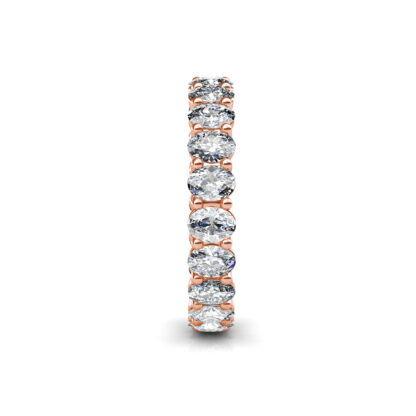Side view of rose gold oval diamond full eternity ring showing the band depth and stone setting