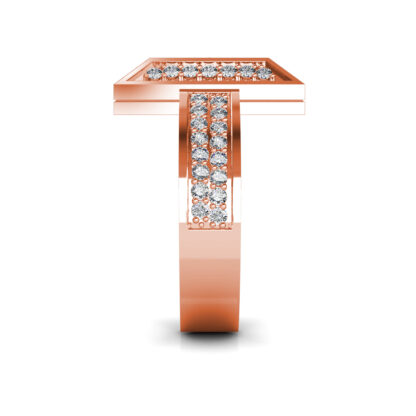 Side view of rose gold pave diamond T shape statement ring showing the band depth and stone setting