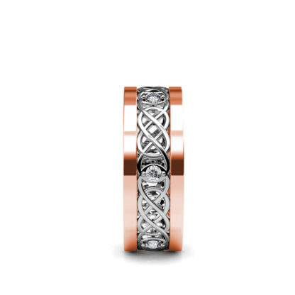 Side view of rose gold and white gold Celtic knot openwork diamond band showing the band depth and stone setting