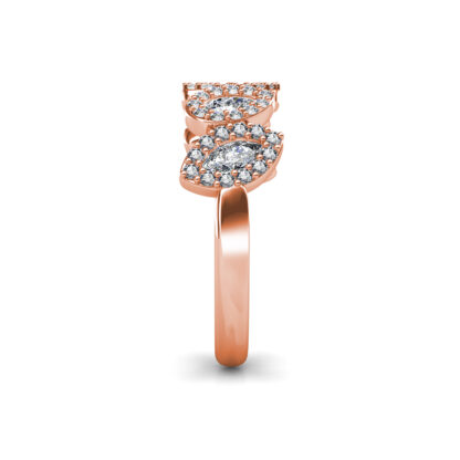 Side view of rose gold pear and marquise diamond halo band showing the band depth and stone setting