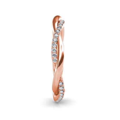 Side view of rose gold twisted pave diamond rope band showing the band depth and stone setting