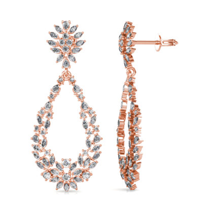 Side view of rose gold marquise diamond open teardrop earrings
