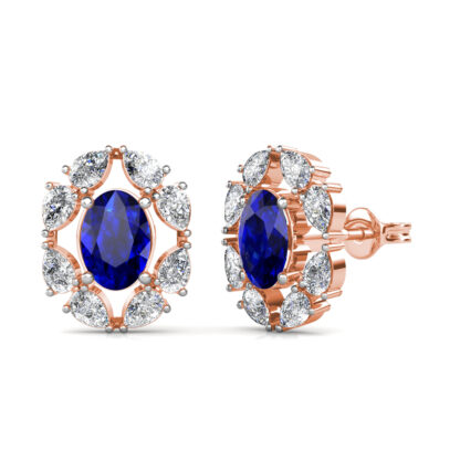 Rose gold sapphire diamond halo stud earrings, side view