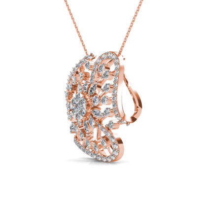 Side view of rose gold diamond flower pendant showing its curved open petals