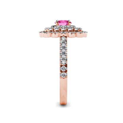 Side view of rose gold pink sapphire diamond triple halo ring showing the band depth and stone setting