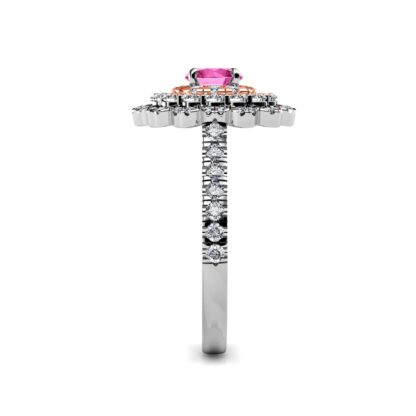 Side view of white gold with a rose gold inner halo pink sapphire diamond triple halo ring showing the band depth and stone setting