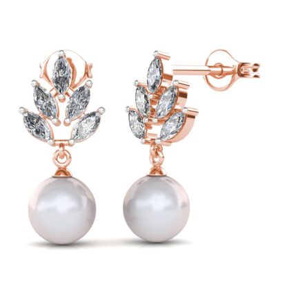 Side view of rose gold marquise diamond leaf pearl drop earrings