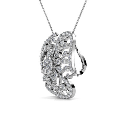 Side view of diamond flower pendant in white gold or platinum showing its curved open petals