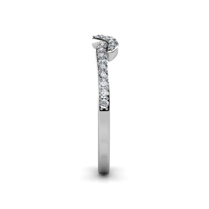 Side view of white gold or platinum twisted V pave diamond stacking band showing the band depth and stone setting