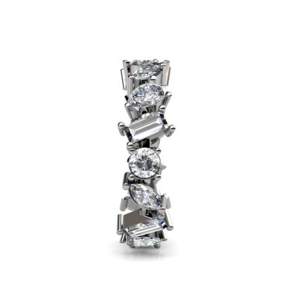 Side view of white gold or platinum mixed shape diamond eternity band showing the band depth and setting