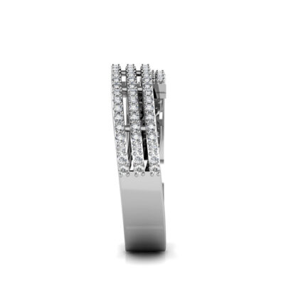 Side view of white gold or platinum four row pave diamond bypass band showing the band depth and setting