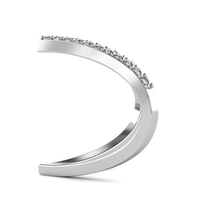 Side view of white gold or platinum elongated V pave diamond ring showing the band depth and setting
