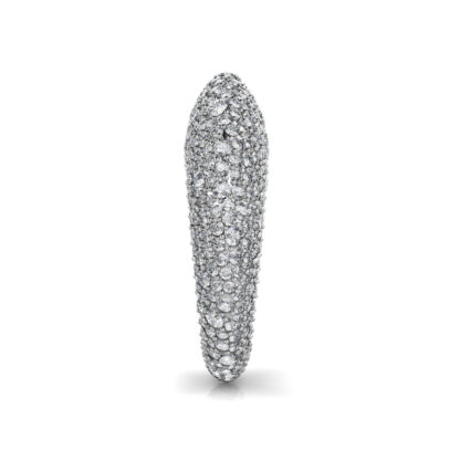 Side view of white gold or platinum full pave diamond dome ring showing the band depth and setting