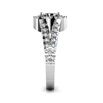 Side view of white gold or platinum illusion cluster halo split shank ring showing the band depth and setting