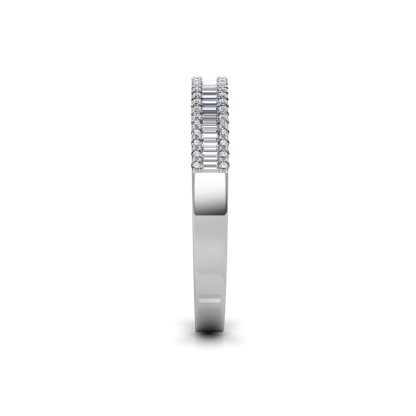 Side view of white gold or platinum baguette diamond half eternity band showing the band depth and stone setting
