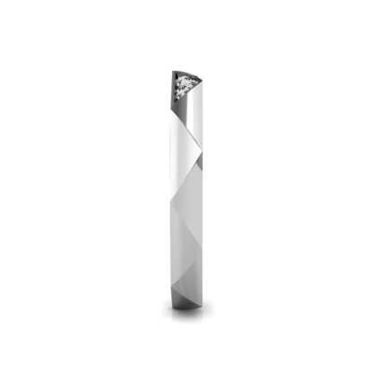 Side view of white gold faceted geometric diamond band showing the band depth and setting
