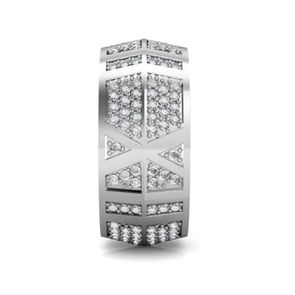 Side view of white gold or platinum wide pave diamond panel band showing the band depth and setting