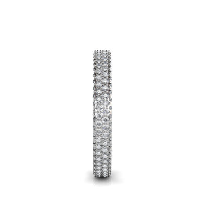 Side view of white gold or platinum triple row pave diamond eternity band showing the band depth and setting