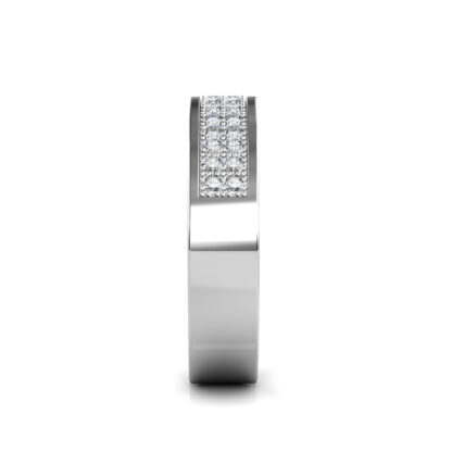 Side view of white gold or platinum wide two-row pave diamond slotted band showing the band depth and setting
