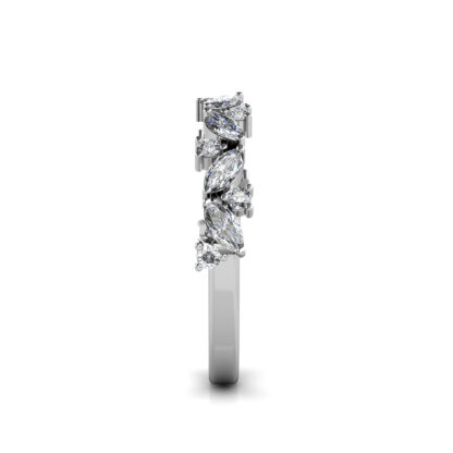 Side view of white gold or platinum marquise diamond leaf vine band showing the band depth and setting