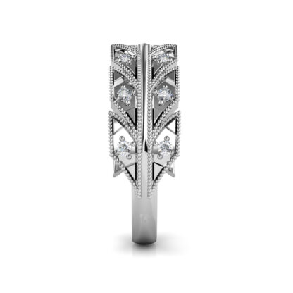 Side view of white gold or platinum milgrain leaf pattern diamond band showing the band depth and setting