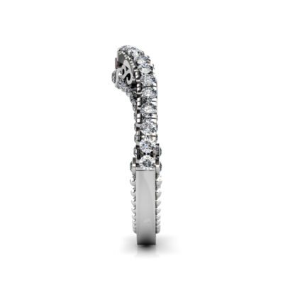 Side view of white gold or platinum curved pave diamond contour wedding band showing the band depth and setting