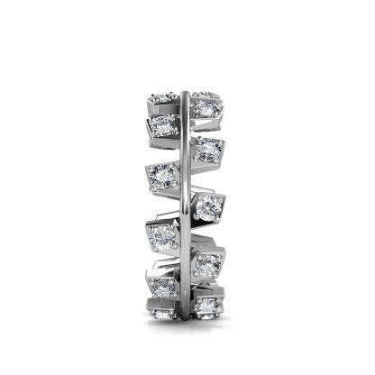 Side view of white gold or platinum staggered square bezel diamond band showing the band depth and setting