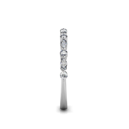 Side view of white gold or platinum marquise and round diamond half eternity ring showing the band depth and setting