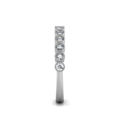 Side view of white gold or platinum milgrain bezel diamond half eternity band showing the band depth and setting