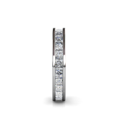 Side view of white gold or platinum princess cut channel-set eternity ring showing the band depth and setting