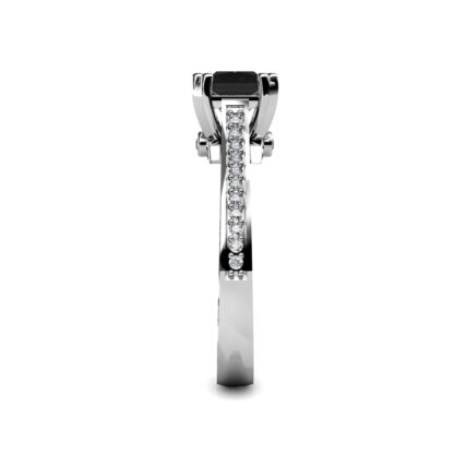 Side view of white gold or platinum black diamond solitaire ring with pave shoulders showing the band depth and setting