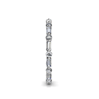 Side view of white gold or platinum baguette and round diamond station eternity band showing the band depth and setting