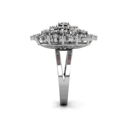 Side view of white gold or platinum two-finger diamond sunburst cocktail ring showing the band depth and setting