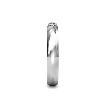 Side view of white gold or platinum flush-set diamond solitaire domed band showing the band depth and stone setting