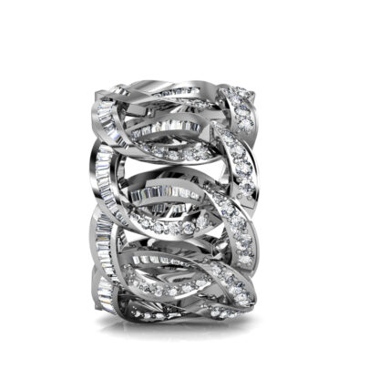 Side view of white gold or platinum interlocking loop baguette diamond wide ring showing the band depth and stone setting