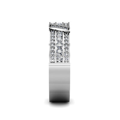 Side view of white gold or platinum wide channel and pave diamond band showing the band depth and stone setting