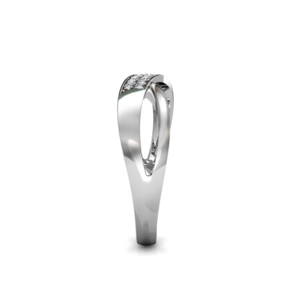 Side view of white gold or platinum pave diamond crossover wedding ring showing the band depth and stone setting
